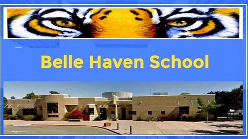 Belle Haven School banner with tiger at the top, Belle Haven School in the middle and a picture of the front of the school as well. 